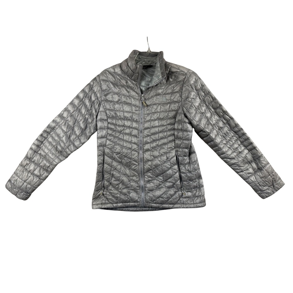 The North Face Thermoball Jacket Womens Medium Silver Grey Quilted Puffer Zip